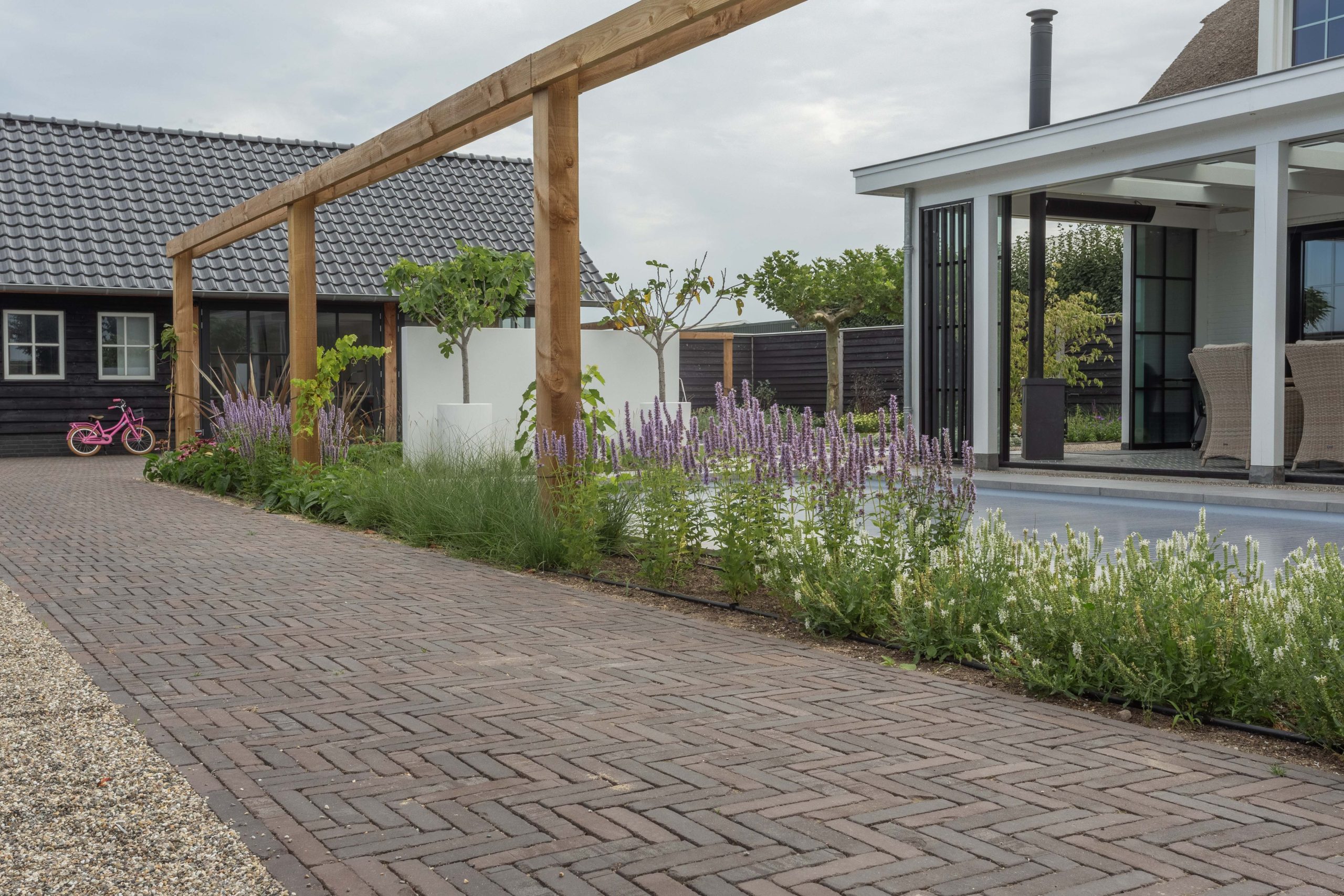 Strakke tuin met zwembad